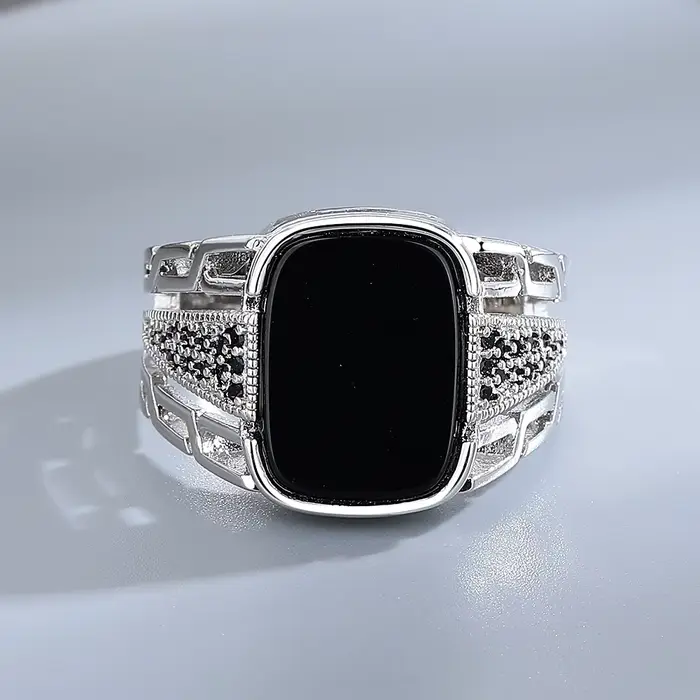 Bague en Argent Sterling 925 Sertie d'Agate Noire Élégante Cadeau de Fête pour Femmes Occasions Spéciales