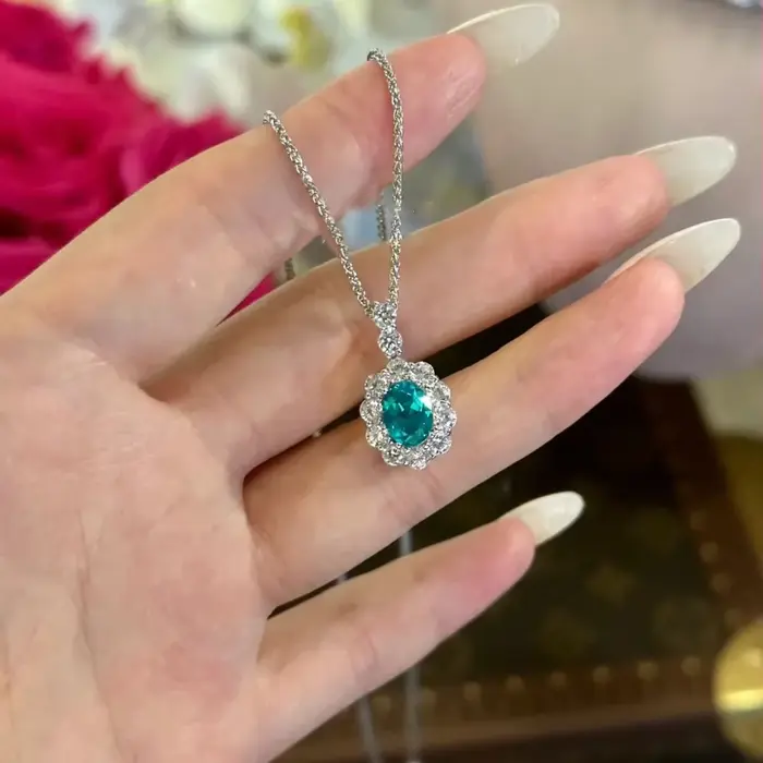 Pendentif en pierres précieuses incrustées de diamants en argent 925 pour femme, collier Paraiba bri