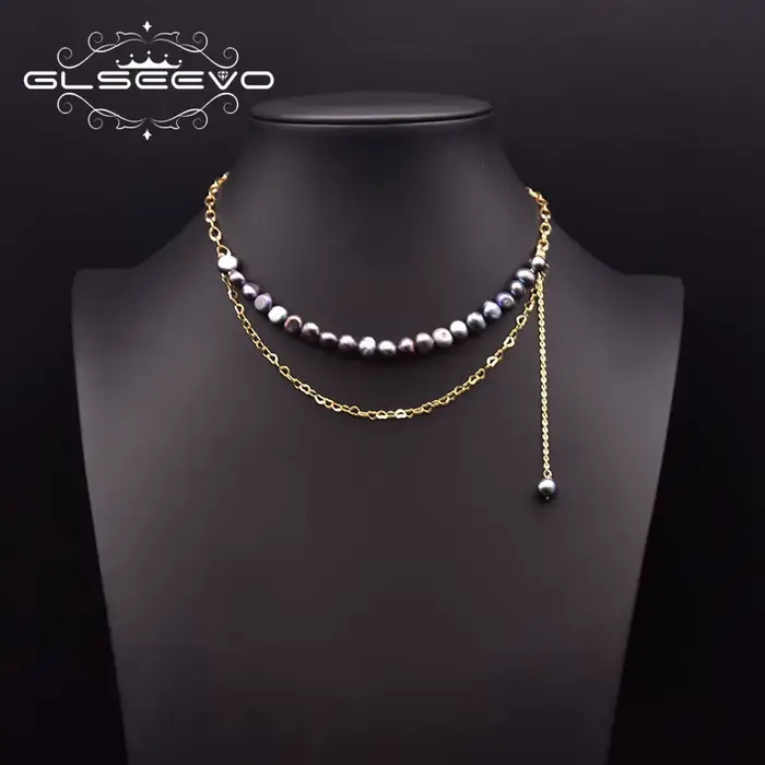 GLSEEVO-Collier de perles baroques d'eau douce naturelles pour femme, perle noire faite à la main, b