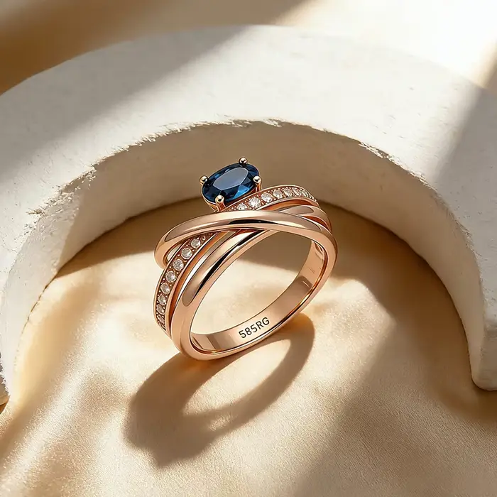 Bagues Croisées Inhabituelles en Or Rose 585 Serties de Zircon Naturel Bleu Brillant Élégantes pour Fêtes et Occasions Spéciales