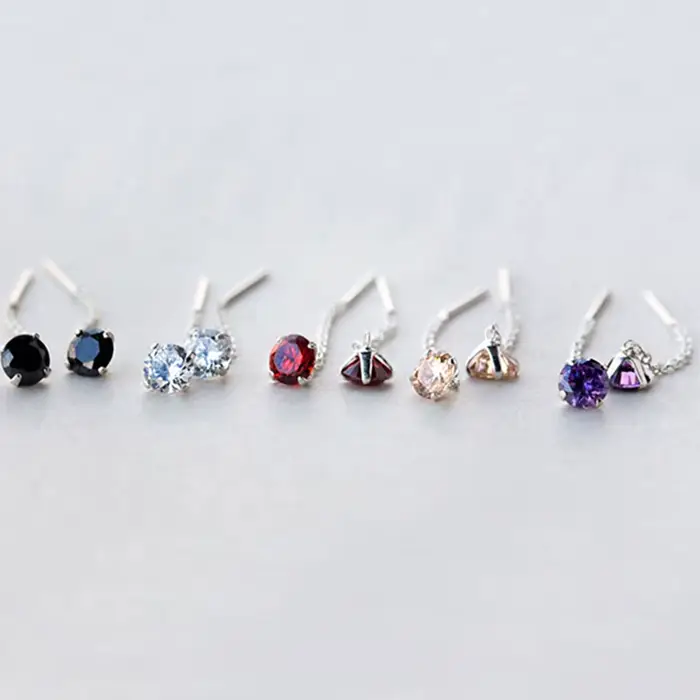 Bijoux en argent regardé 925 pour filles, boucles d'oreilles pompon à maillons, rouge clair, noir, v