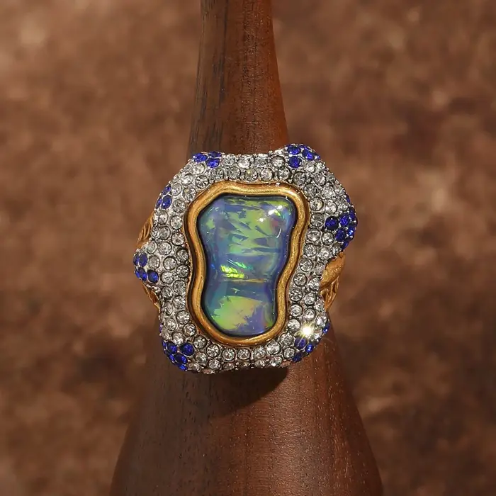 Bague opale Vintage, véritable pied bleu coloré