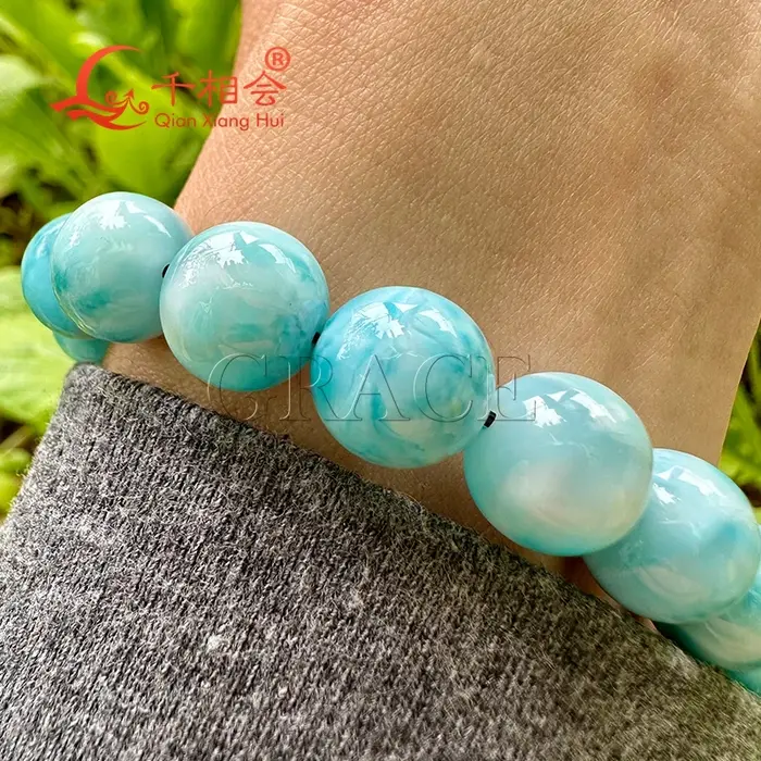Bracelet en Larimar naturel en forme de boule de 10mm pour femmes et hommes bijou fin pierres précieuses blanches et bleues occasions spéciales