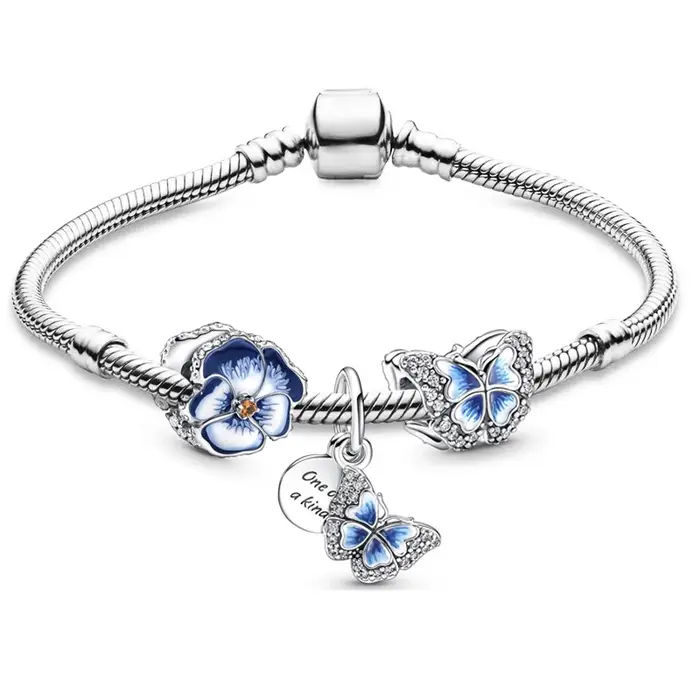 Bracelet à Breloques de Style Printemps avec Fleurs Roses Bleues et Papillon
