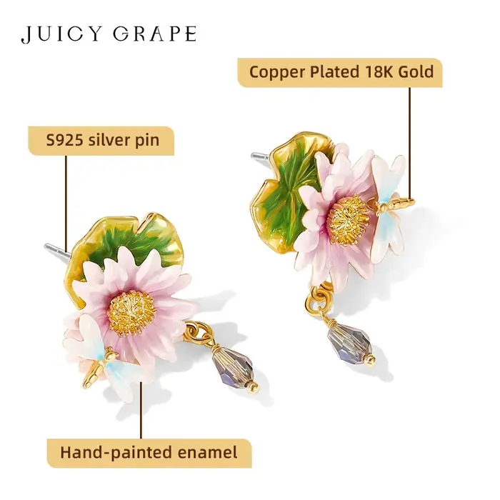 Boucles d'oreilles pendantes en forme de fleur de Lotus en émail de raisin juteux pour femmes
