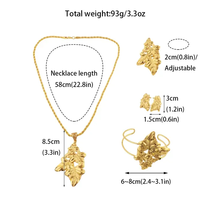 Ensemble de bijoux couleur or YM pour femmes et hommes, chaîne feuille, boucles d'oreilles, bracelet réglable, bague et collier pour cérémonies et occasions quotidiennes