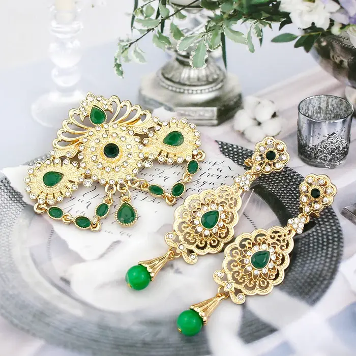 Algérie maroc Bijoux de mariage broche boucles d'oreilles ensembles pour femmes couleur or arabe turquie Abaya Caftan