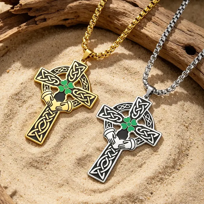 Collier en acier inoxydable avec pendentif Croix Celtique Trèfle à Quatre Feuilles pour homme et femme cadeau d'anniversaire occasions spéciales