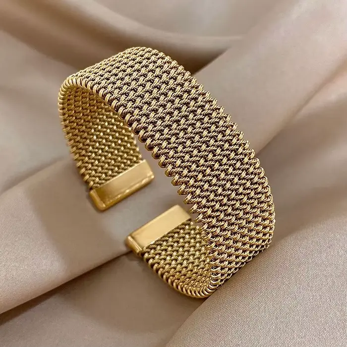 Bracelets manchette doré tissés Vintage pour femmes, élégants, tendance, en acier inoxydable, épais,