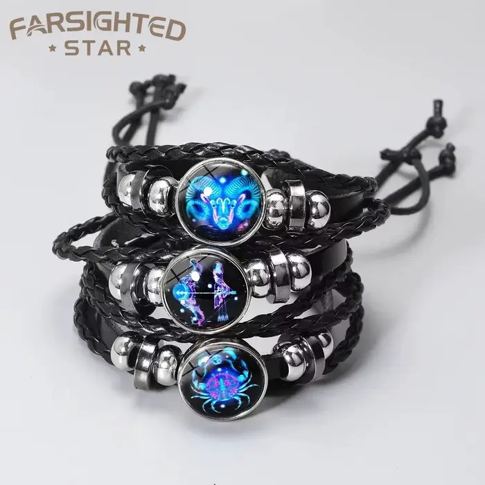 Bracelet Lumineux Signes du Zodiaque 12 Constellations Homme Femme Vintage Multicouche en Cuir Enroulé Cadeau Pulsera Hombre