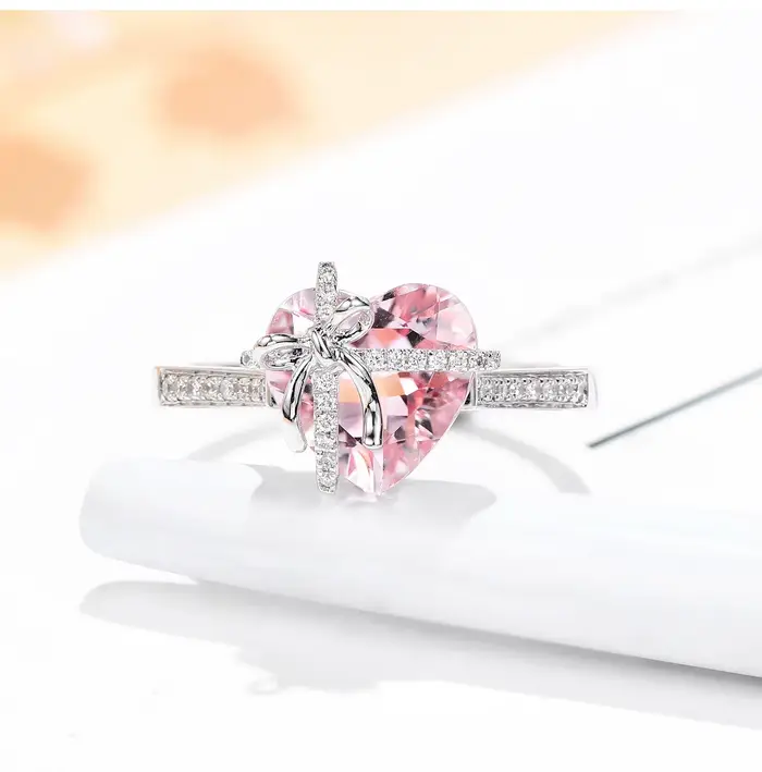 Bague en argent sterling 925 coeur rose avec diamants noirs et blancs pour femmes romantique et mignon cadeau ajustable occasions spéciales