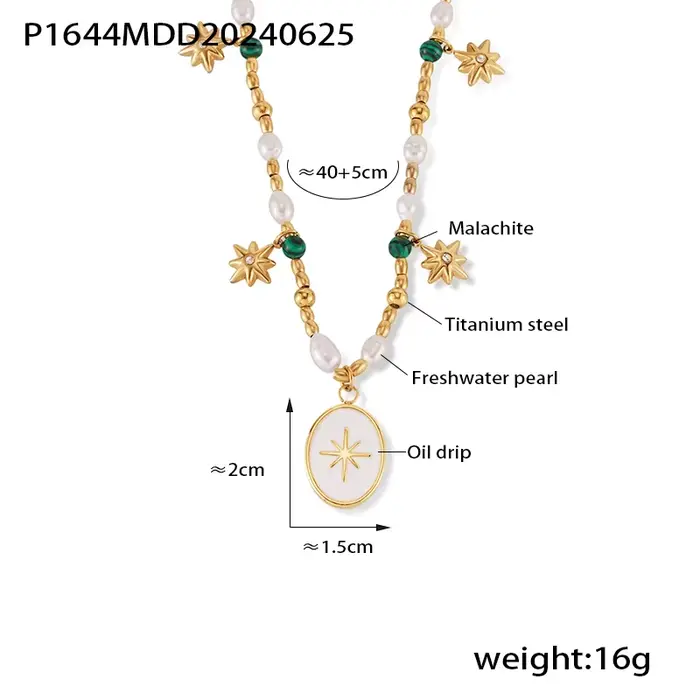 Palace-Collier de Luxe Plaqué Or avec Pendentif Rayons pour Femme, Perle Verte, Chaîne de Charbon, B