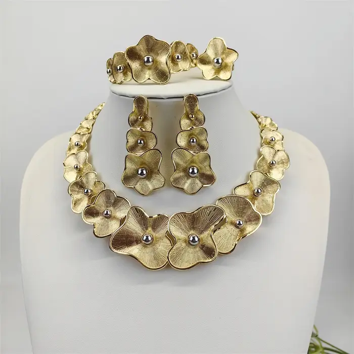 Ensemble de bijoux plaqué or italien, collier, boucles d'oreilles, bracelet, bagues pour femmes, nou