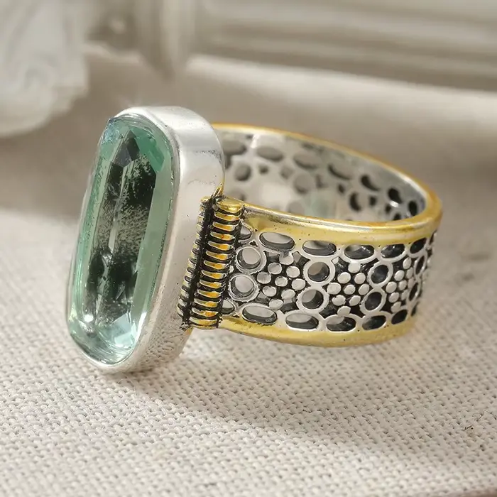 Bague creuse bicolore en zircone synthétique verte style bohème fine vintage pour femmes festival célébration