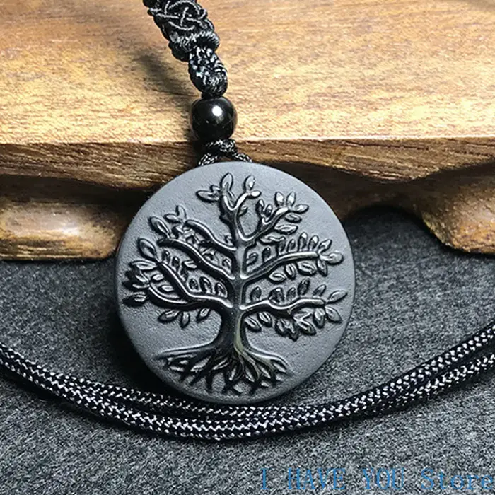 Collier arbre de vie en obsidienne véritable naturelle