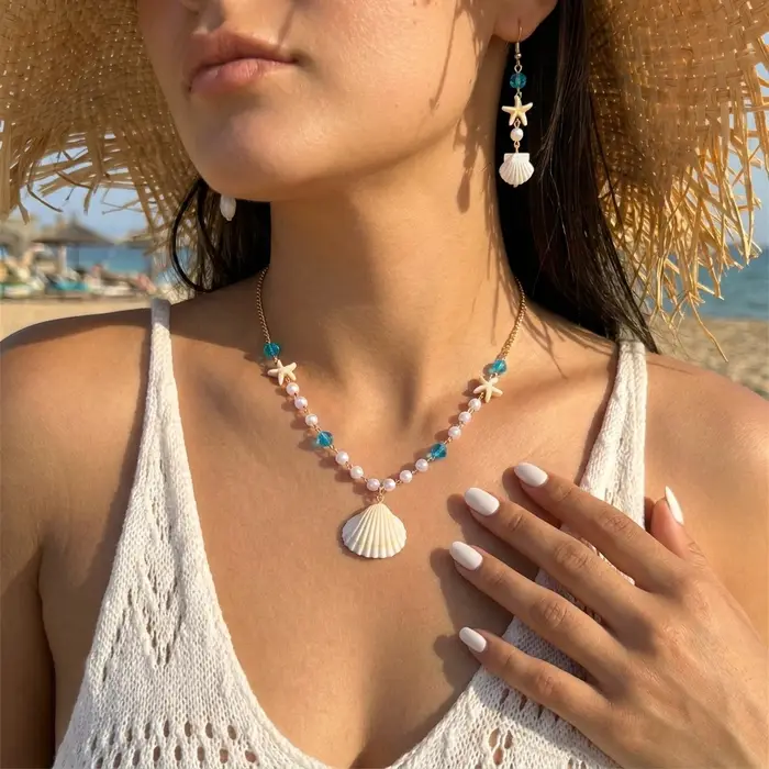 Parure de bijoux bohème d'été pour femme, collier pendentif étoile de mer et boucles d'oreilles pend