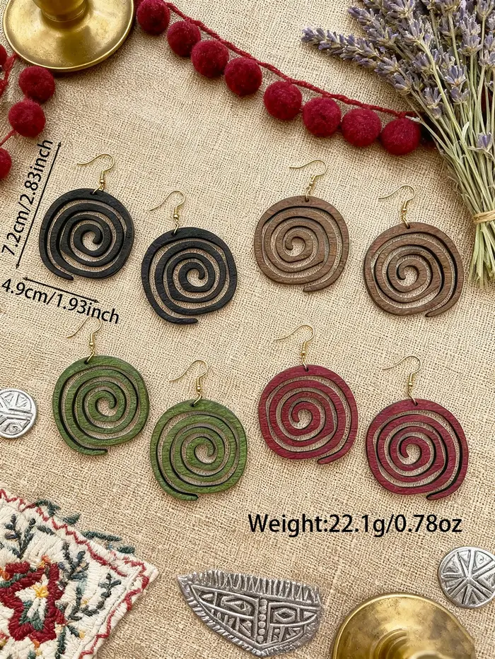 4 paires/ensemble de boucles d'oreilles géométriques rondes en bois de Style Vintage