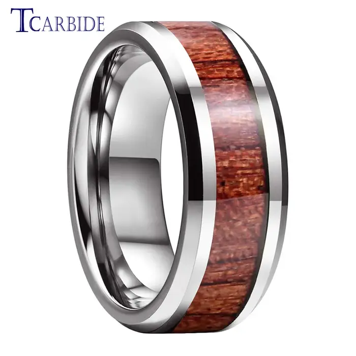 Bague de mariage en tungstène 8 mm pour homme et femme, incrustation en bois de rose et koa, finitio