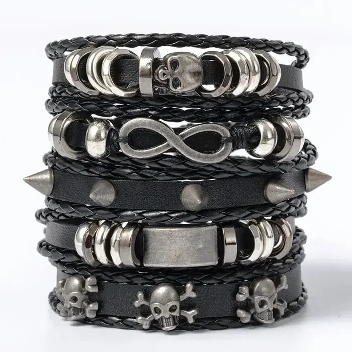 Ensemble de bracelets punk tressés en cuir et alliage de zinc violet pour homme et femme, style unique et résistant pour toutes les occasions