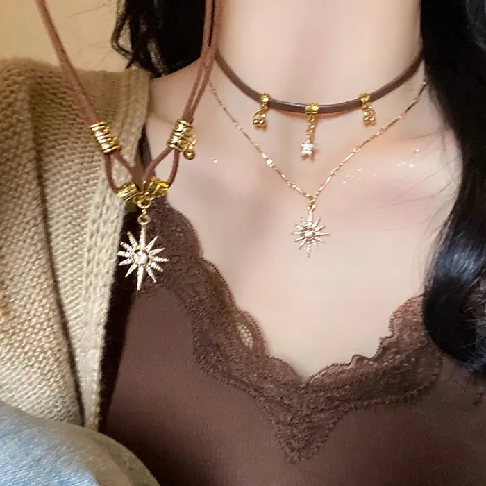 Sun Star-Collier en cuir vintage pour femme