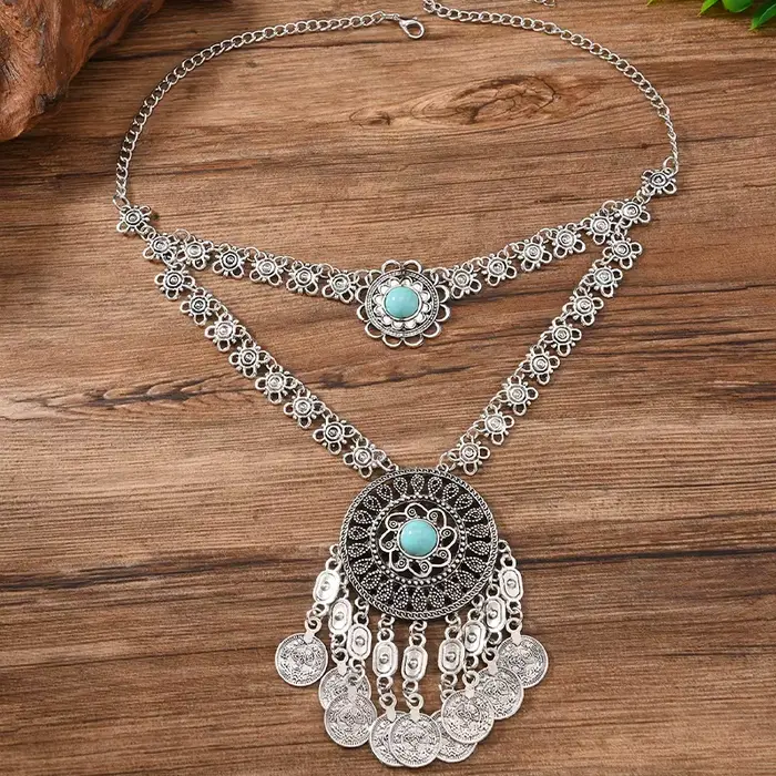 Collier ethnique en forme de pièce de monnaie Turquoise, style bohème, Vintage, pendentif à pampille