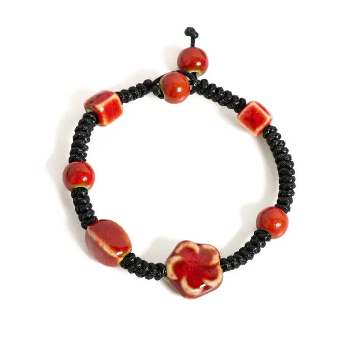 Bracelet en Céramique avec Nministériels d Floral Rouge Fait à la Main, Bijoux Tissés Réglables de S