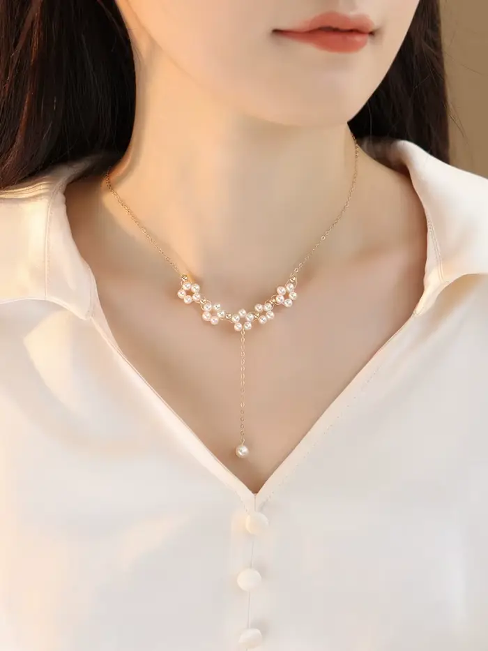 Lii Ji véritable perle Tinny perles fleurs faites à la main collier 45 cm réglable 14K rempli d'or ne se décolore pas femmes collier de mariage