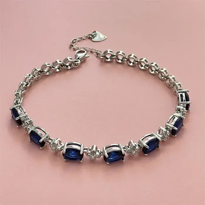 Bracelet en argent sterling 925 avec pierre précieuse bleu foncé, élégant, polyvalent et tendance, c