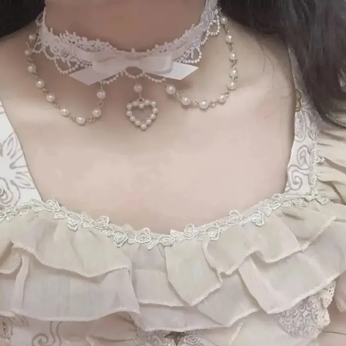 Collier en dentelle perlée Sweet Lolita Y2K nœud papillon pour femmes romantique mignon occassions spéciales quotidienne