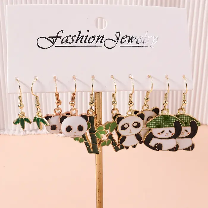 5 paires de jolies boucles d'oreilles Panda en bambou pour femmes et filles