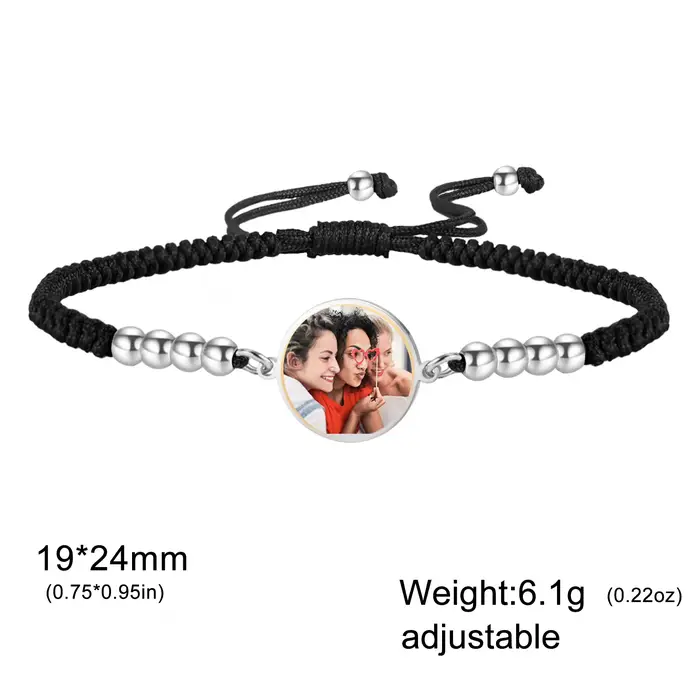 Lemegeton Bracelet Photo personnalisé, corde rouge et noire, pendentif rond, bijoux en acier inoxyda