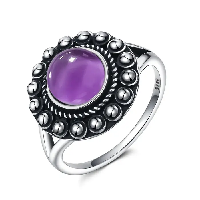 Bague en labradorite naturelle, argent sterling 925, ronde, 8 mm, style vintage, rétro, argent noir,