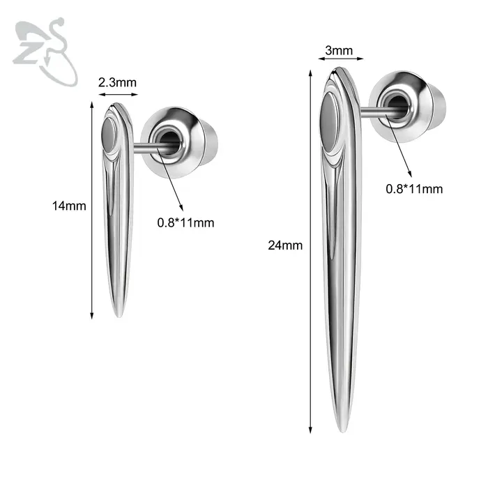ZS 1 pièce 20G 925 boucles d'oreilles en argent Sterling pour femmes filles baguette forme clous d'oreille Helix Cartilage Piercing bijoux 14MM/24MM