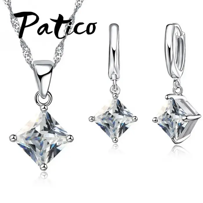 Ensemble de bijoux quadrilatère en argent regardé 925 pour femme, collier en cristal CZ, boucles d'o