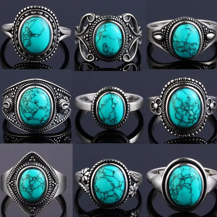 Bague Vintage en Argent Sterling S925 Turquoise Naturelle Bijou Luxe Cadeau Anniversaire Fête Spéciale Femme Occasions Spéciales
