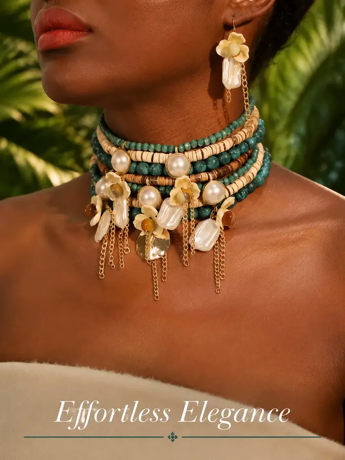 Collier et boucles d'oreilles tendance pour femme, motif fleurs précieuses et perles vintage, bijoux de mariage et de fête