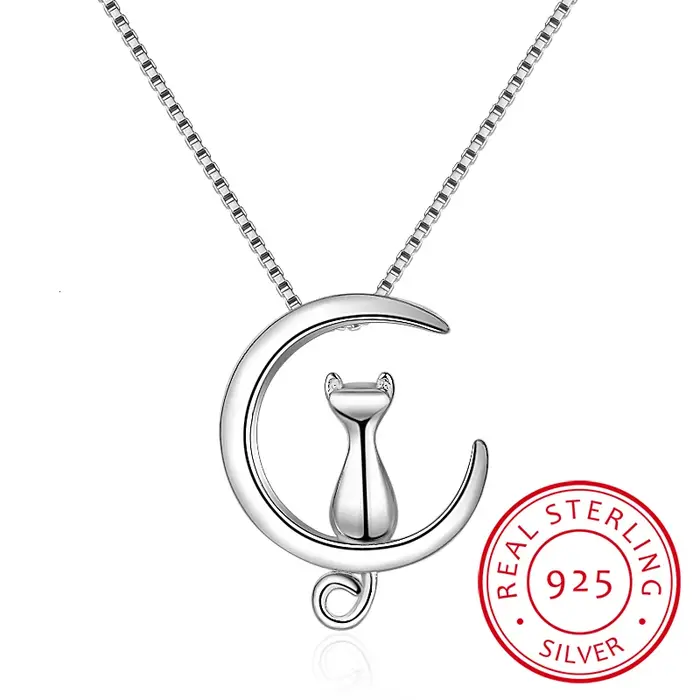Collier en argent Sterling 925 pour femmes, colliers et pendentifs lune chaton chat, chaîne à maillo