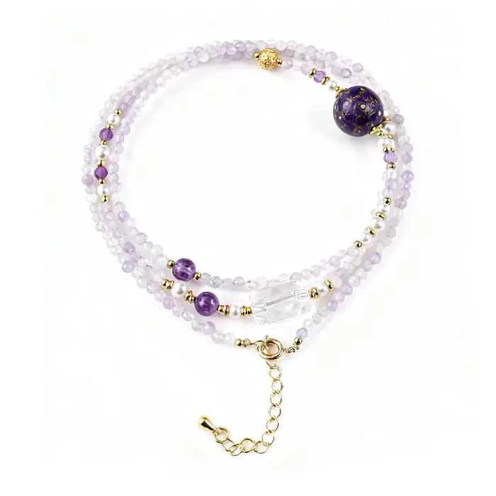 Bracelet empilé multicouche en perles de laque améthyste naturelle