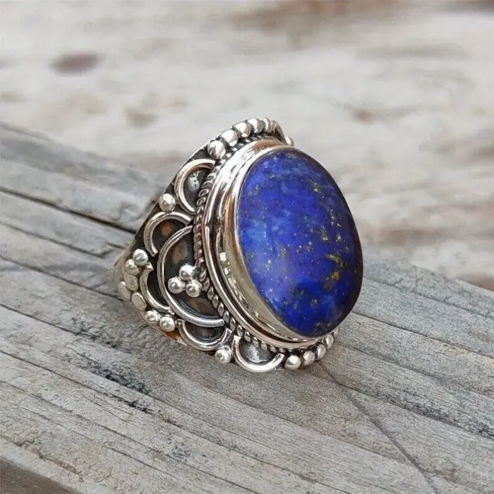 Bague ethnique pour femme en argent avec imitation de lapis-lazuli