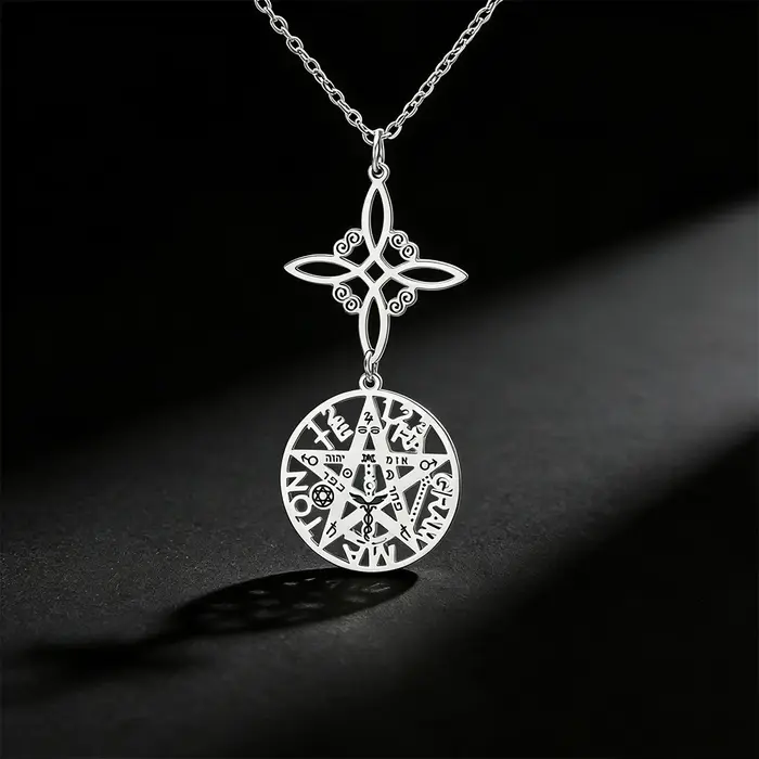 Collier Pentagrammaton avec Nœud de Sorcière en Acier Inoxydable Double Protection pour Femmes Occasions Spéciales