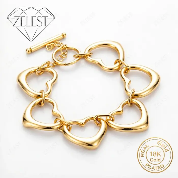Bracelet de luxe exquis à 6 cœurs en argent sterling 925 plaqué or 18 carats de 8 pouces pour femmes