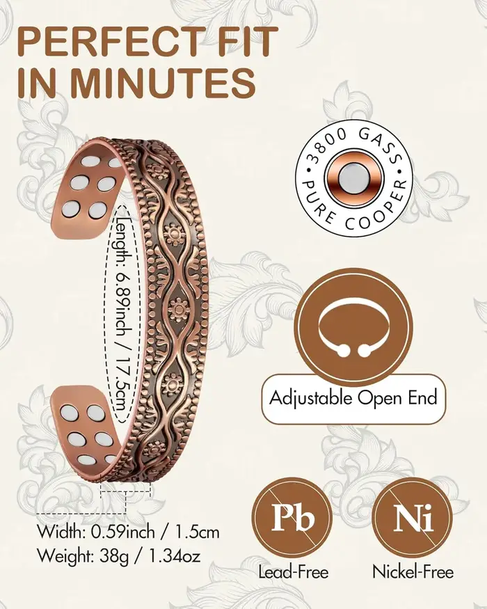 ARADOO – Bracelet manchette magnétique en cuivre pur