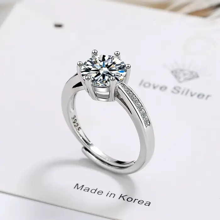 Bague en argent sterling 925 avec moissanite, solitaire classique à 6 griffes avec pierres latérales, bague de promesse de mariage ajustable pour femme