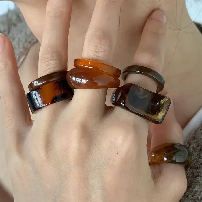 Bague à texture en mélange de résine de style bohème rétro, 7 pièces, pour femmes, à la mode et empilable, adaptée aux banquets quotidiens