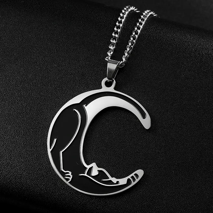 Collier chat lune en acier inoxydable pour femme, couleur argent, grand collier en émail noir, bijou