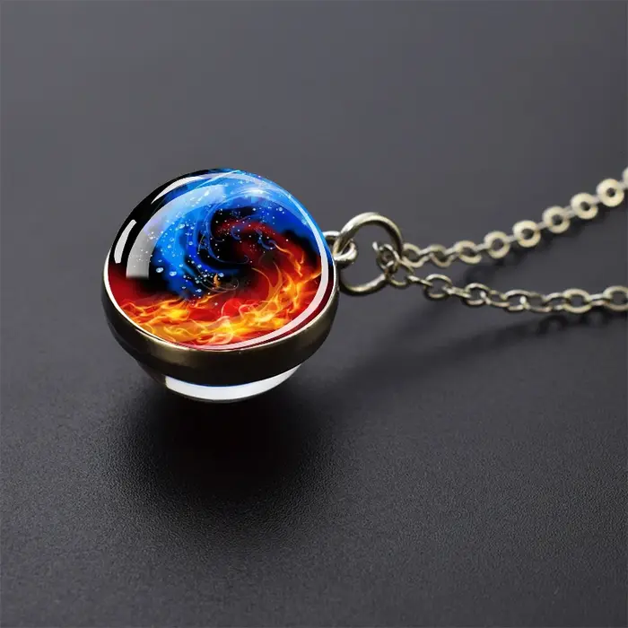 Collier Yin Yang Tai Chi avec motif de feu d'eau, pendentif boule de verre de 20mm, chaîne réglable,