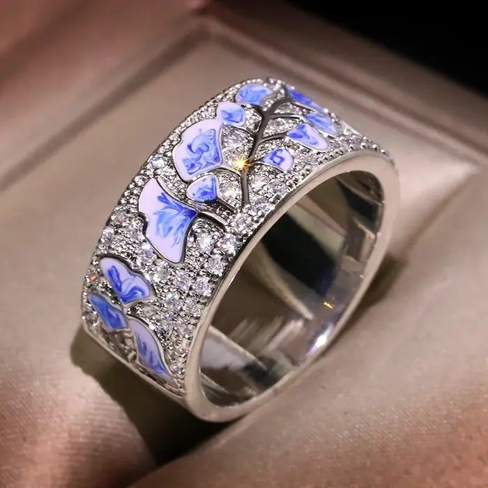 Bague Fleur en Argent pour Femme, Bague Fleur Bleue, Argent Sterling, Document de ix, Promesse de Mo