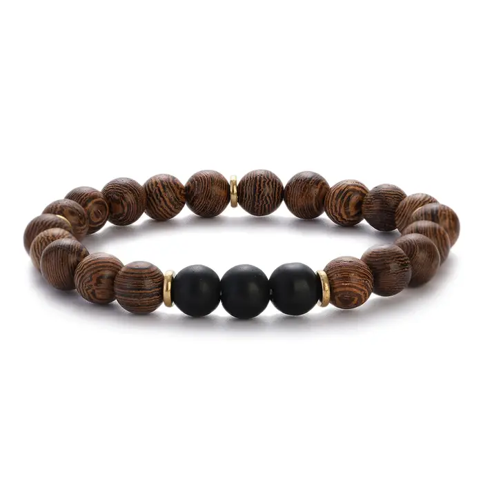 Bracelet ethnique tibétain en bois naturel pour hommes et femmes, 8mm, pierre noire de méditation, f
