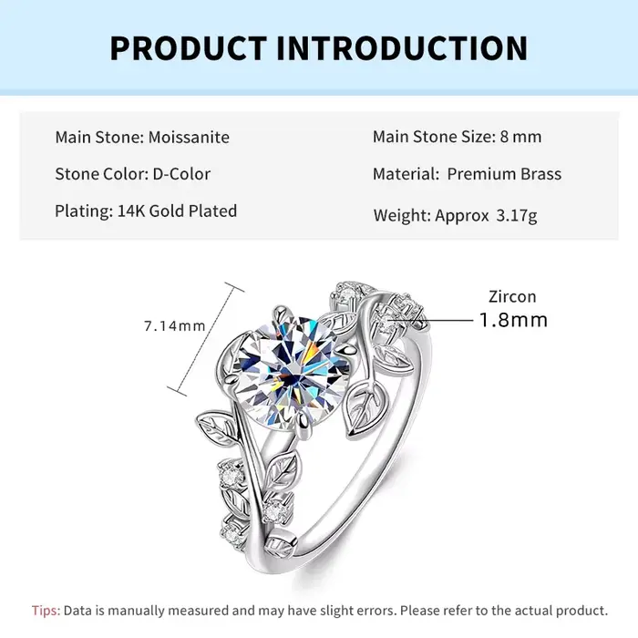 Bague de fiançailles Rrjzz Solitaire 2CT en moissanite ronde taille D couleur VVS1, certifiée, imita