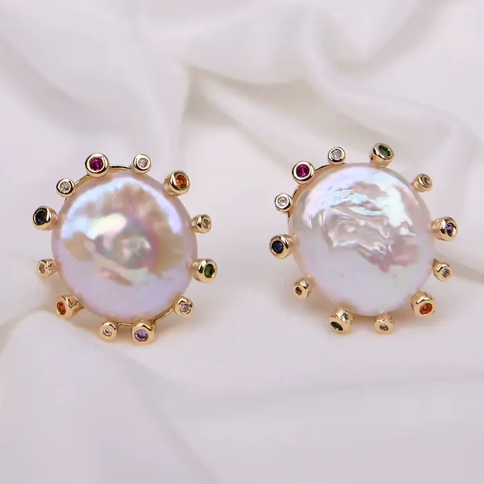 GG – boucles d'oreilles en forme de pièce de monnaie blanche de culture, perles Keshi, pavé CZ plaqu